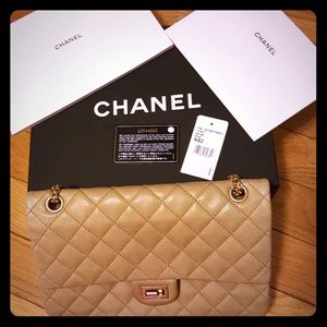 Authentic Chanel Beige Medium size Caviar Flap bag